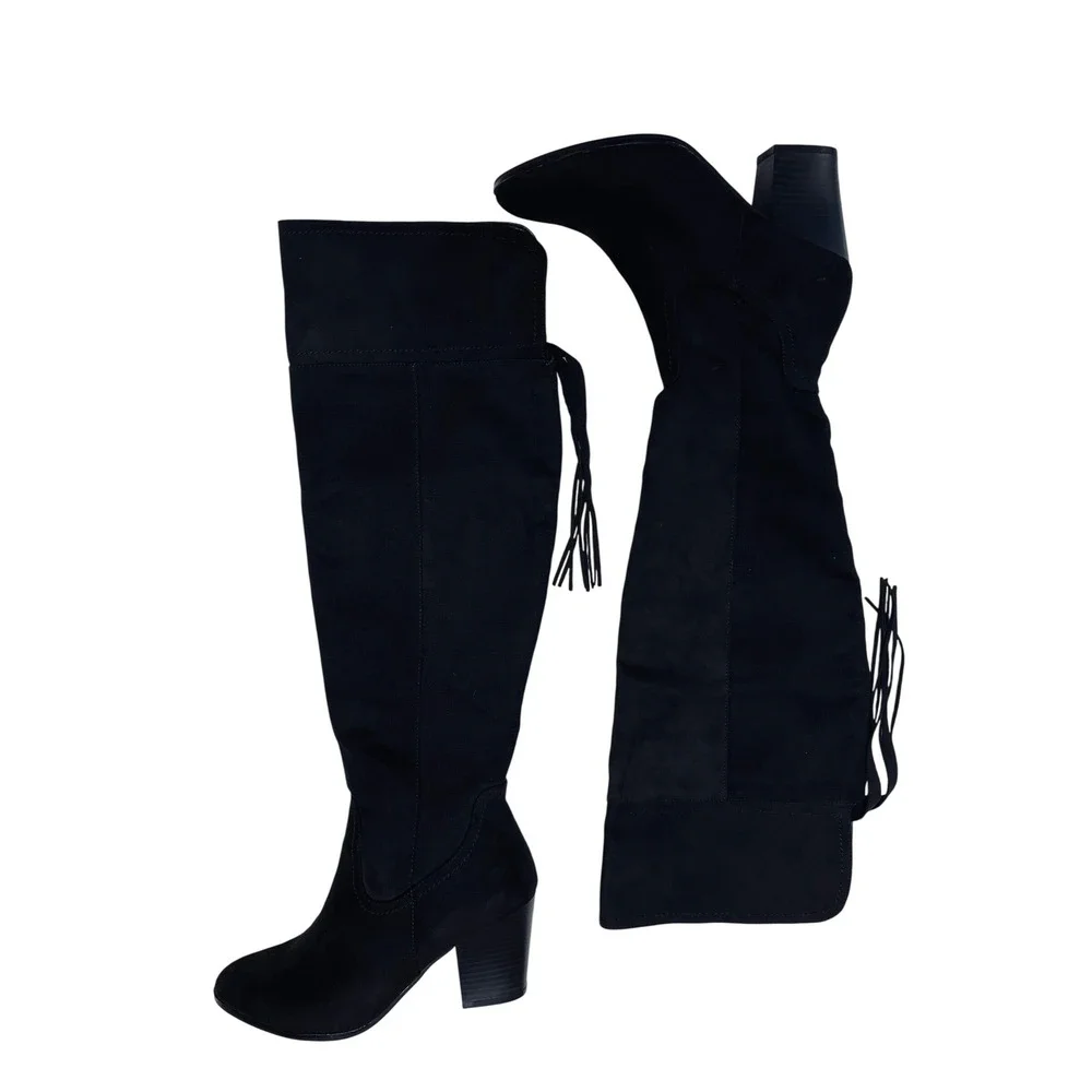 Andrew Geller Guava Boots 7M Black Faux Suede Over The Knee Fringe Block Heel